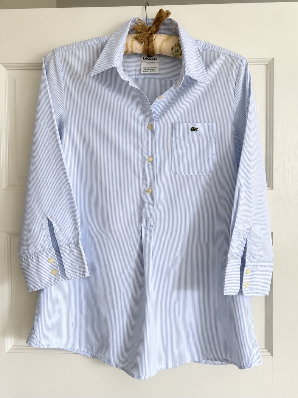 LACOSTE Women’s Light Blue & White Pinstripe Half Button-Down Shirt